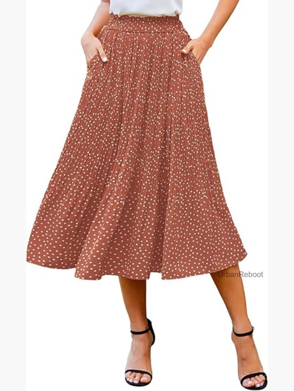 Midi Skirt High Waisted Pleated A-Line with Pockets Summer